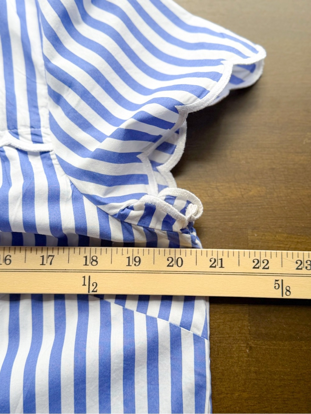 Talbots Blue & White Striped Ruffle Yoke Scalloped Sleeve 100% Cotton Blouse - Picture 6 of 8